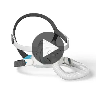 Ein Ausschnitt der AirFit F40 Full Face Maske von ResMed in der Seitenansicht vor weissem Hintergrund.