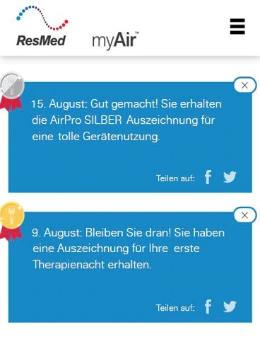 Motivierende Nachrichten, die Benutzer der MyAir App erhalten.