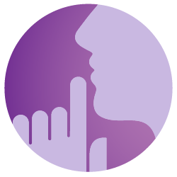 Ein rundes lilafarbenes Symbol mit einer Zeichnung von jemandem, der den Finger an die Lippen legt, um Stille zu symbolisieren.