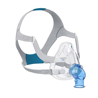 ResMed non-vented Kniestueck steckt an der AirFit F20 Full Face Maske