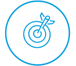 Ein weißer Kreis mit blauem Rand mit einer Zielscheibe in der Mitte, die Präzision symbolisiert