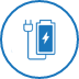Ein blaues Kreissymbol mit einer Linienzeichnung eines Smartphones, das aufgeladen wird, um das Anschließen an eine Stromquelle darzustellen.